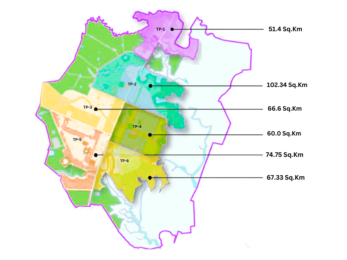 Map of Dholera SIR showing all six Town Planning Schemes and their areas in sq km