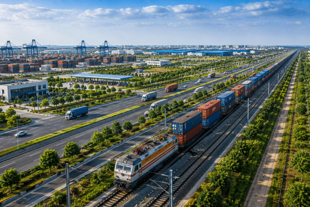 Double-stacked container freight train on an electrified dedicated freight corridor in India
